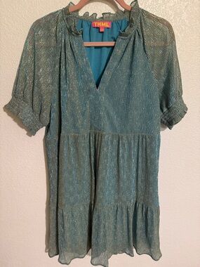 THML Blue Shimmer Mermaid Mini Dress Tiered Skirt Size Large